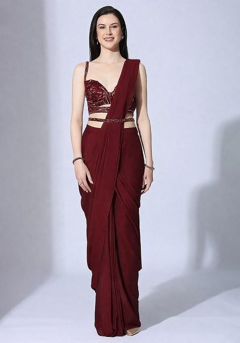 Red Hand Work Sequin Pre Draped Saree Set