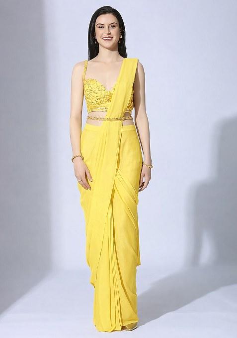Bright Yellow Hand Work Sequin Pre Draped Saree Set