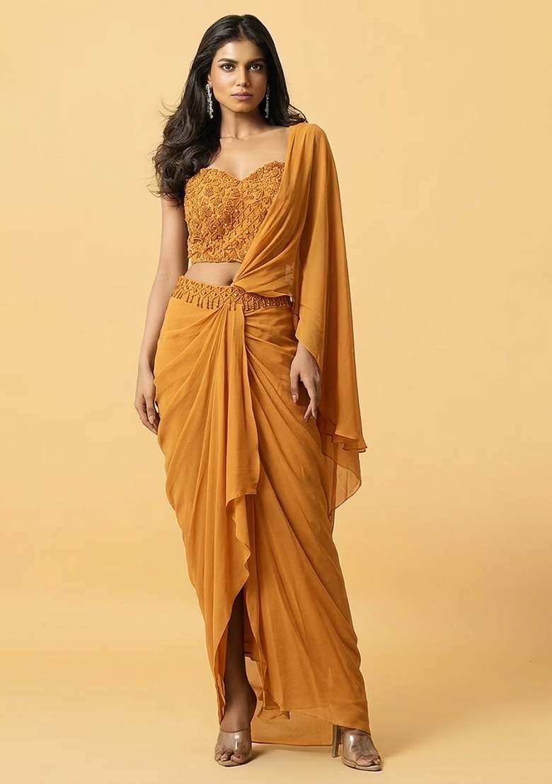 Golden Yellow Hand Work Embellished Pre Draped Saree Set - Indya