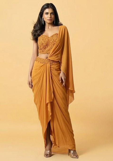 Golden Yellow Hand Work Embellished Pre Draped Saree Set