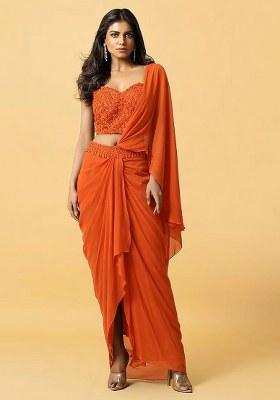 Bright Orange Hand Work Embellished Pre Draped Saree Set
