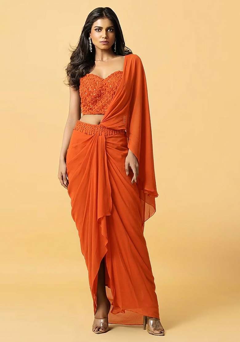 Bright Orange Hand Work Embellished Pre Draped Saree Set - Indya