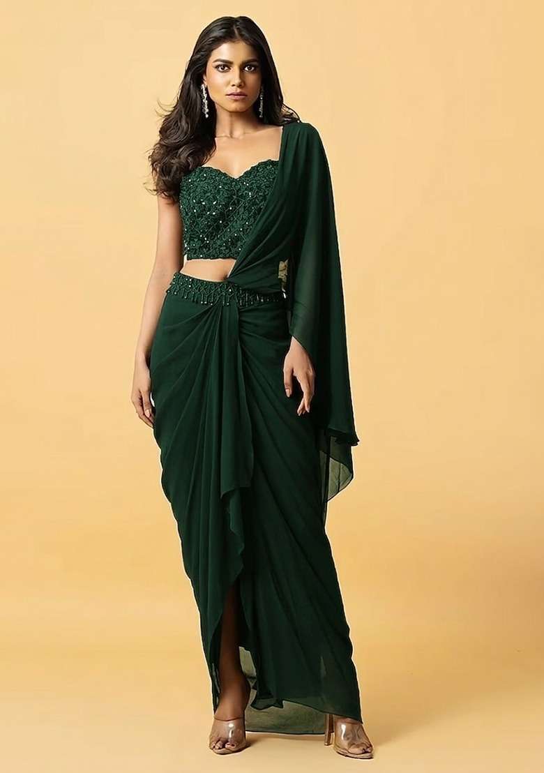 Green Hand Work Embellished Pre Draped Saree Set - Indya
