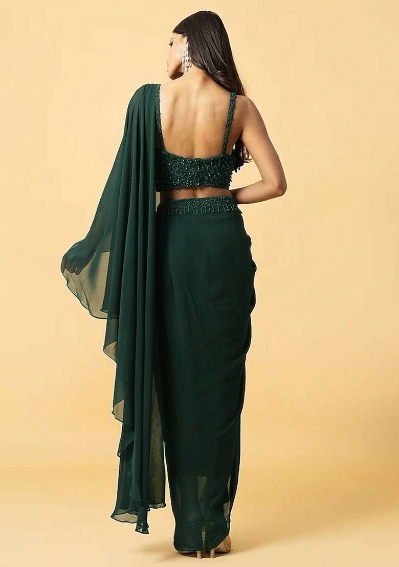 Green Hand Work Embellished Pre Draped Saree Set - Indya