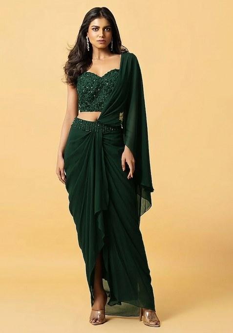 Green Hand Work Embellished Pre Draped Saree Set