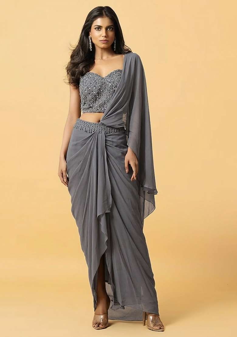 Grey Hand Work Embellished Pre Draped Saree Set - Indya