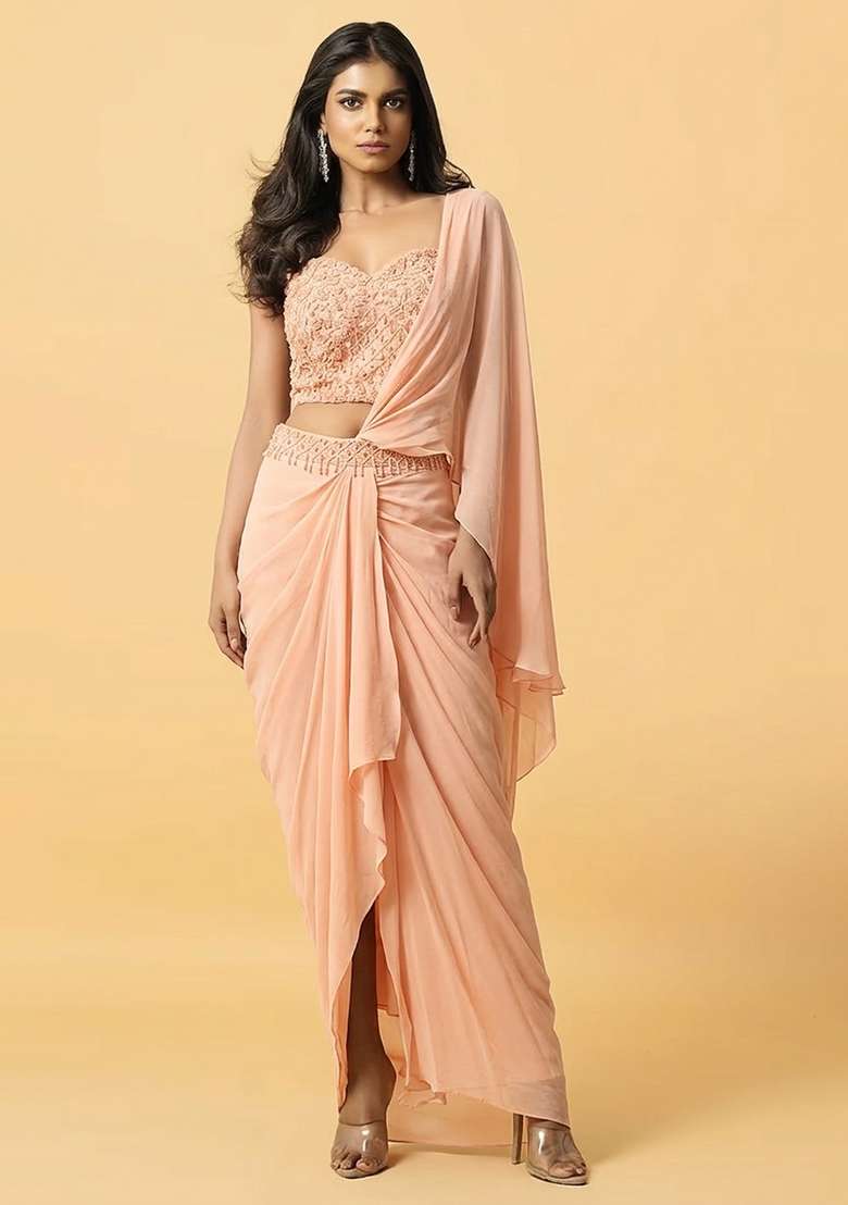Light Peach Hand Work Embellished Pre Draped Saree Set - Indya