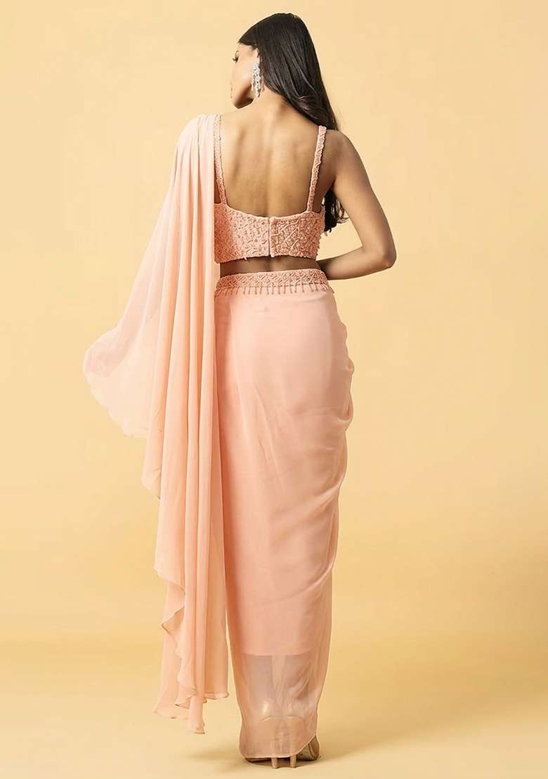 Light Peach Hand Work Embellished Pre Draped Saree Set - Indya