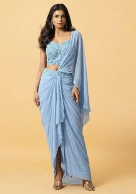 Light Blue Hand Work Embellished Pre Draped Saree Set