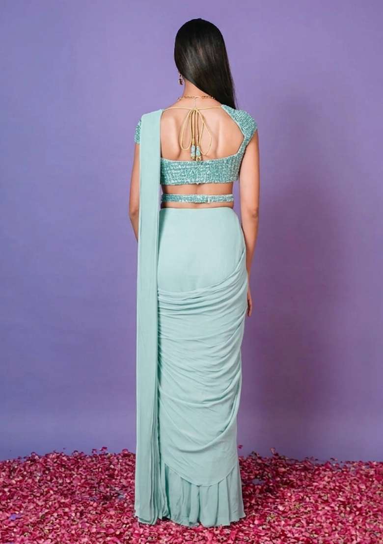 Light Blue Hand Work Embellished Pre Draped Saree Set - Indya
