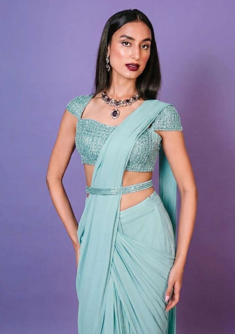 Light Blue Hand Work Embellished Pre Draped Saree Set - Indya