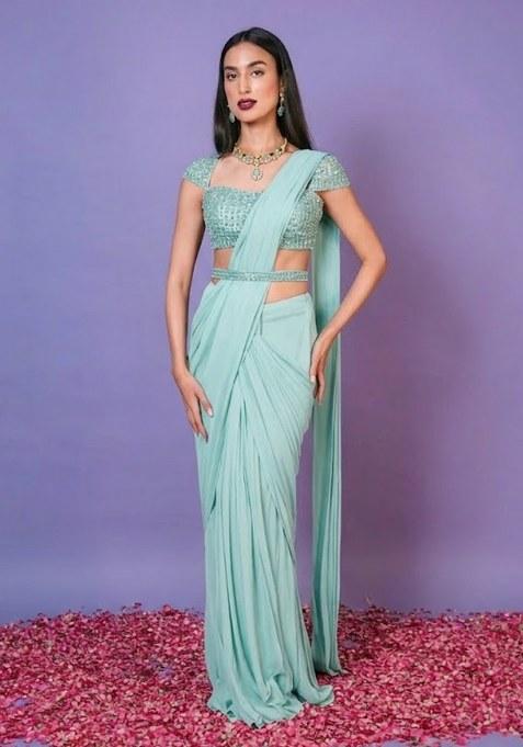 Light Blue Hand Work Embellished Pre Draped Saree Set