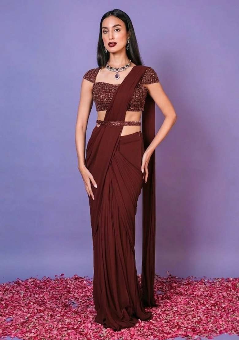 Brick Red Hand Work Embellished Pre Draped Saree Set - Indya