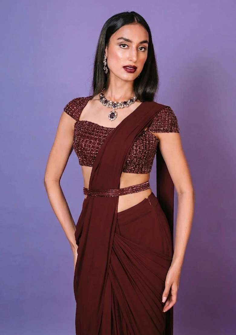 Brick Red Hand Work Embellished Pre Draped Saree Set - Indya