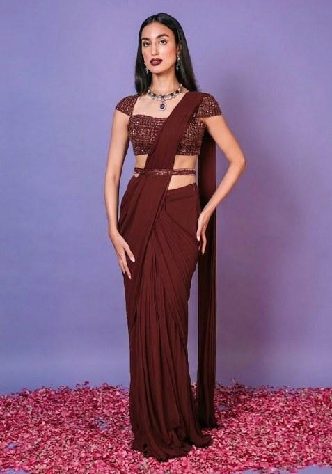 Brick Red Hand Work Embellished Pre Draped Saree Set