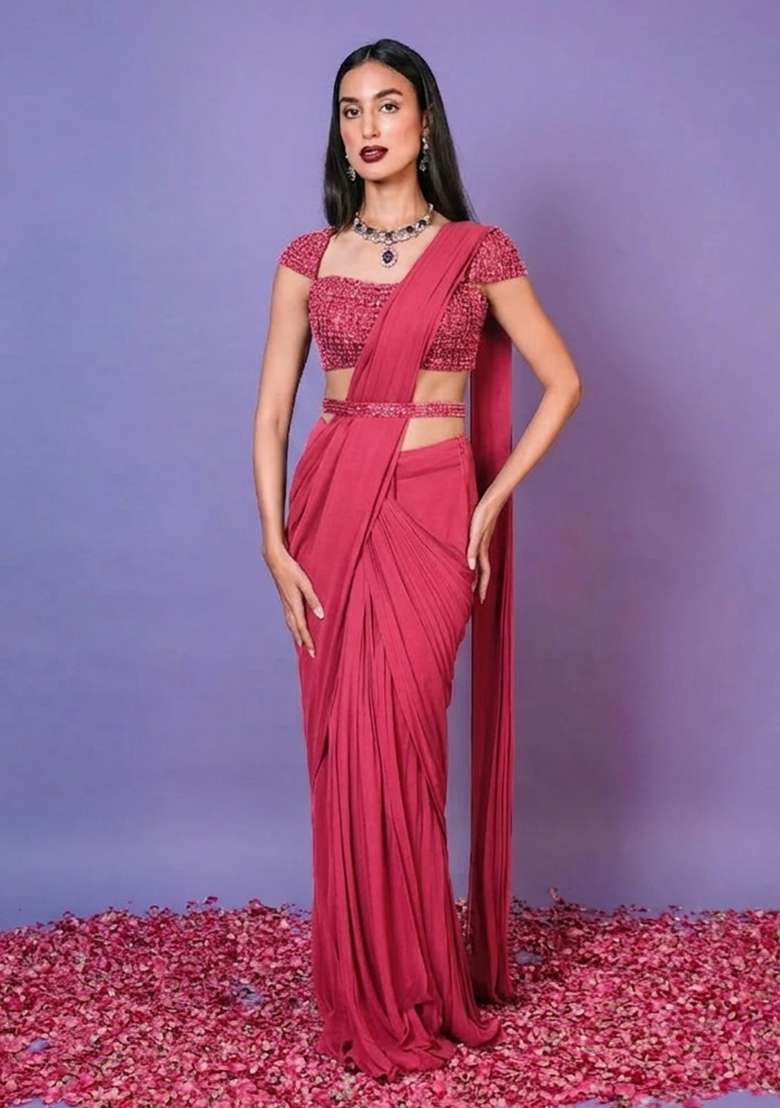 Pink Hand Work Embellished Pre Draped Saree Set - Indya
