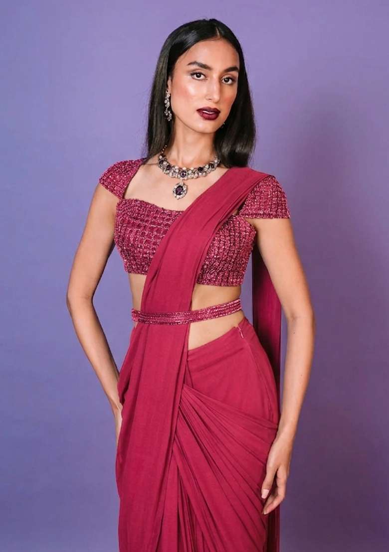 Pink Hand Work Embellished Pre Draped Saree Set - Indya
