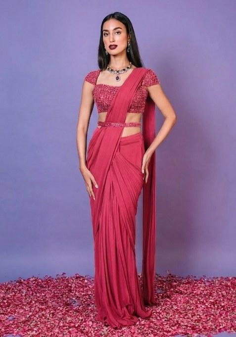 Pink Hand Work Embellished Pre Draped Saree Set