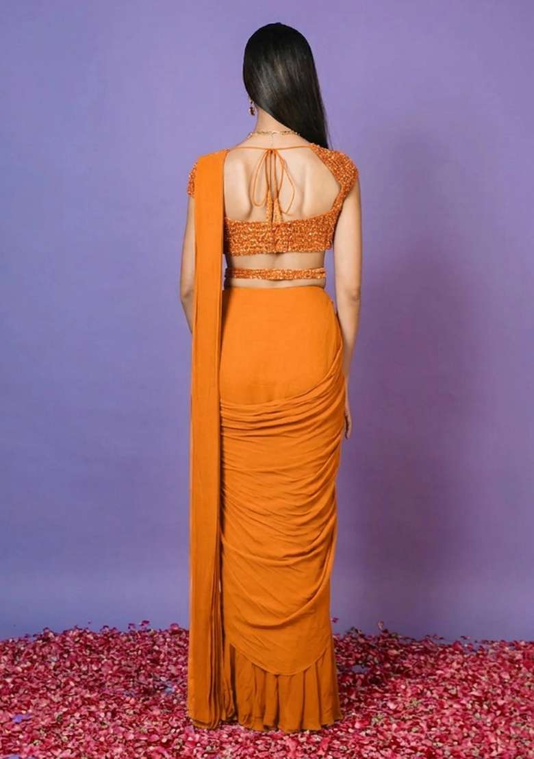 Coral Hand Work Embellished Pre Draped Saree Set - Indya
