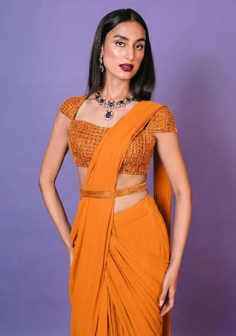 Coral Hand Work Embellished Pre Draped Saree Set - Indya