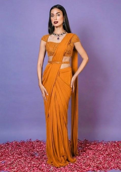 Coral Hand Work Embellished Pre Draped Saree Set