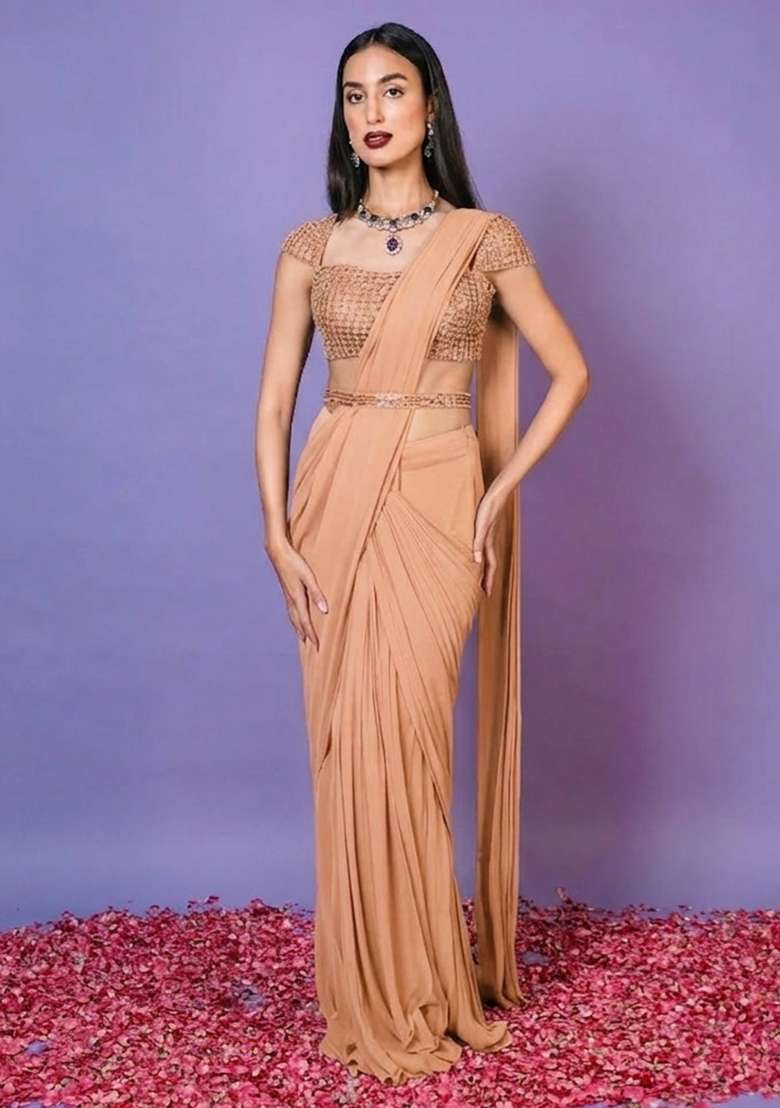 Peach Hand Work Embellished Pre Draped Saree Set - Indya
