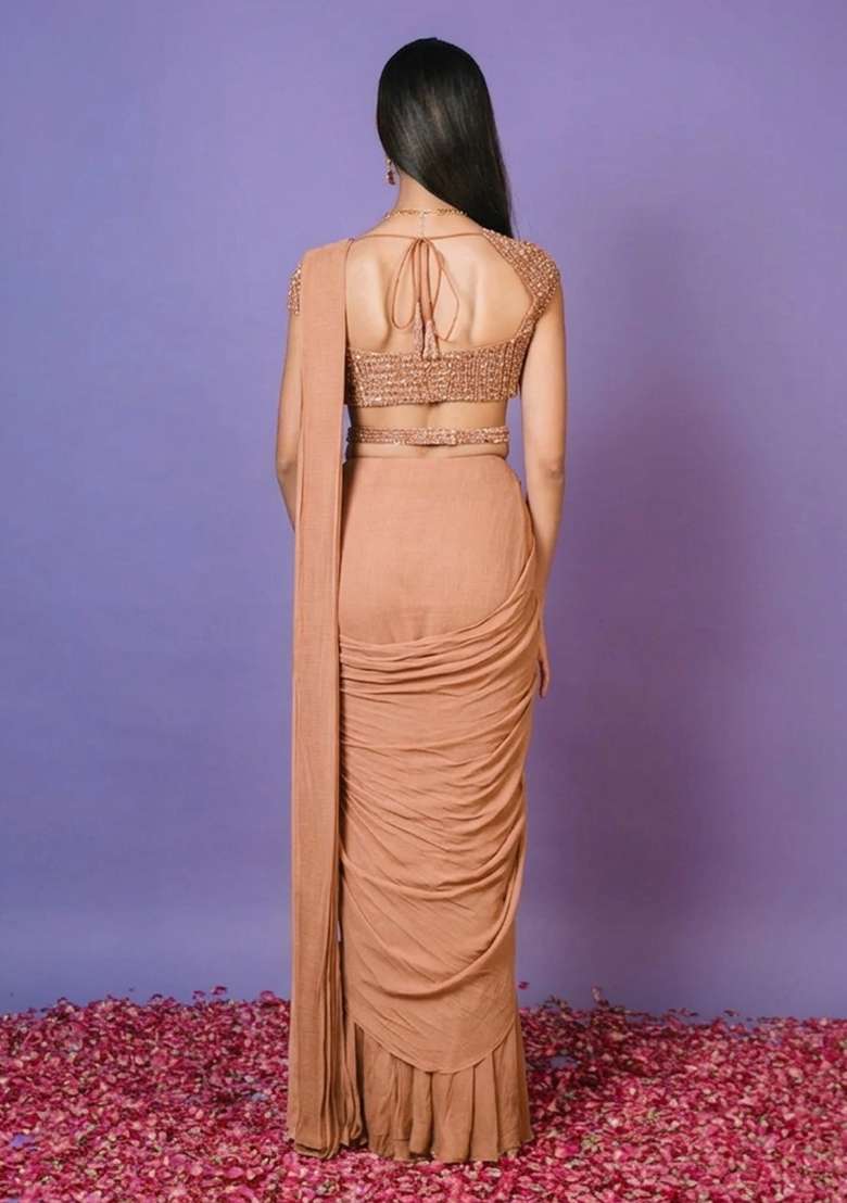 Peach Hand Work Embellished Pre Draped Saree Set - Indya