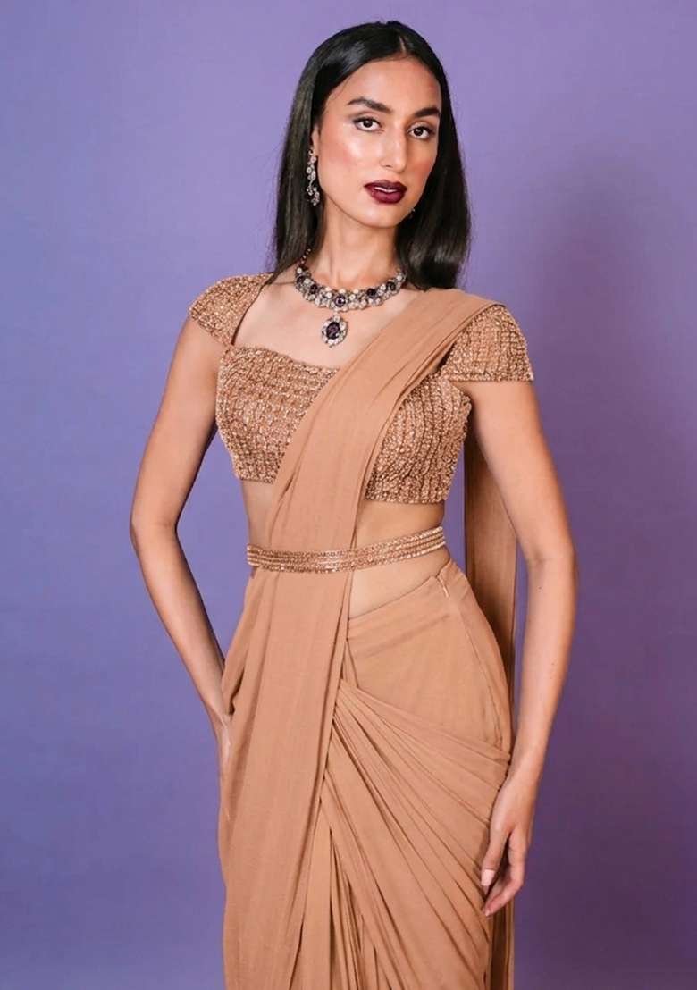 Peach Hand Work Embellished Pre Draped Saree Set - Indya