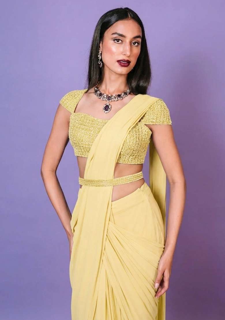 Yellow Hand Work Embellished Pre Draped Saree Set - Indya