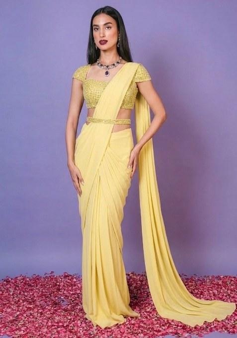 Yellow Hand Work Embellished Pre Draped Saree Set