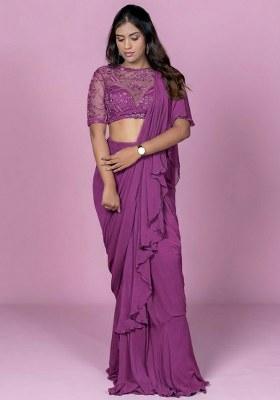 Mauve Hand Work Embellished Pre Draped Saree Set
