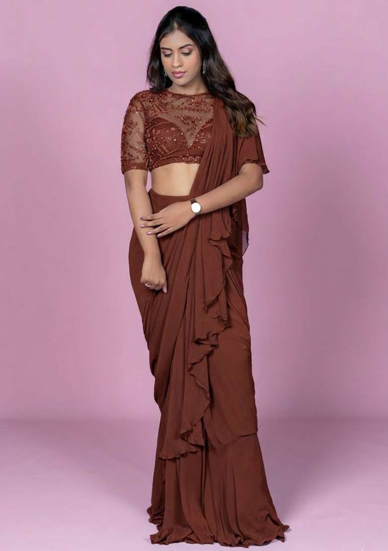 Brown Hand Work Embellished Pre Draped Saree Set - Indya