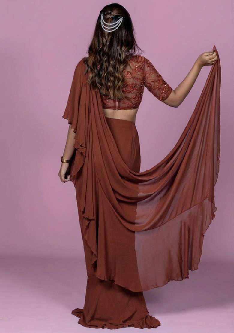 Brown Hand Work Embellished Pre Draped Saree Set - Indya