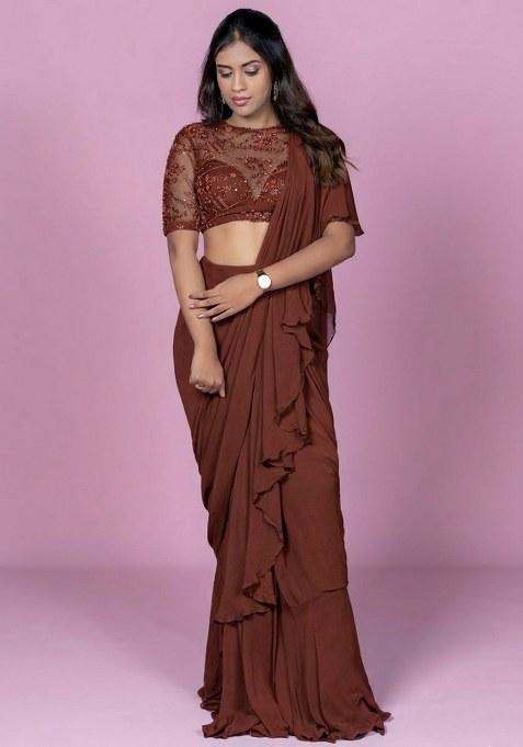 Brown Hand Work Embellished Pre Draped Saree Set