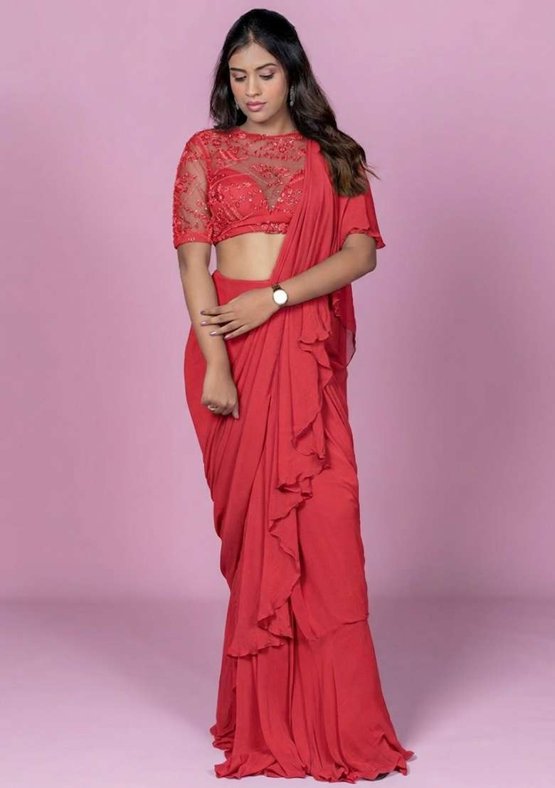 Bright Pink Hand Work Embellished Pre Draped Saree Set - Indya