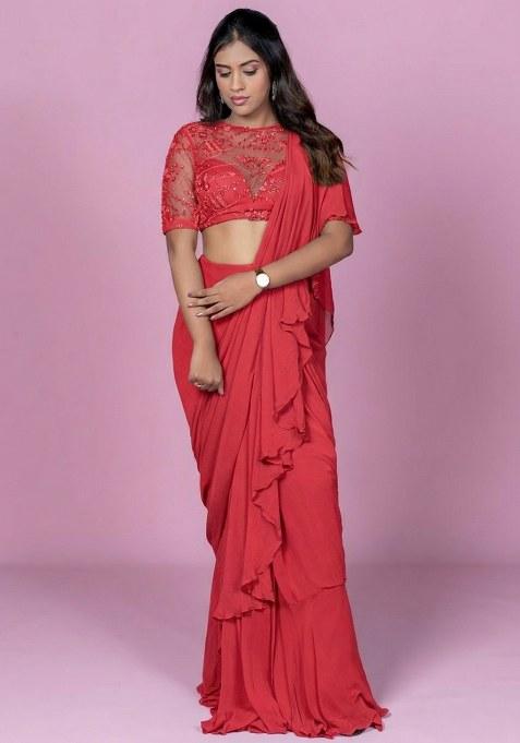 Bright Pink Hand Work Embellished Pre Draped Saree Set