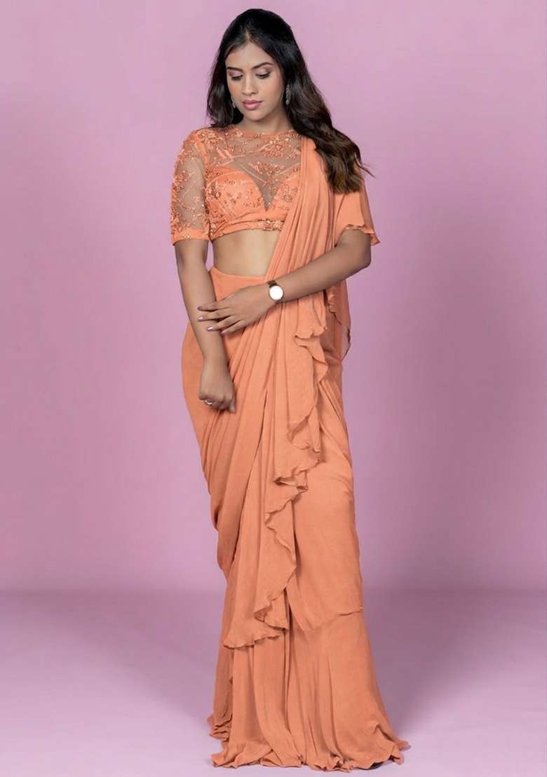 Peach Hand Work Embellished Pre Draped Saree Set - Indya