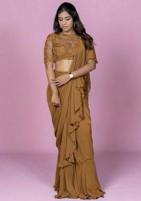 Mustard Yellow Hand Work Embellished Pre Draped Saree Set