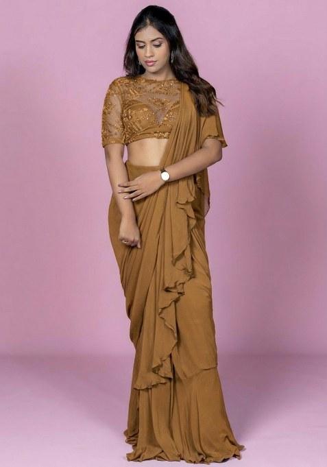 Mustard Yellow Hand Work Embellished Pre Draped Saree Set