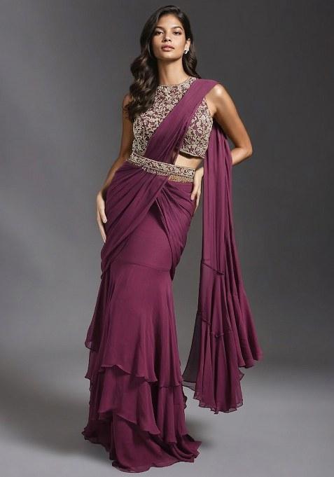 Mauve Hand Work Embroidered Pre Draped Saree Set