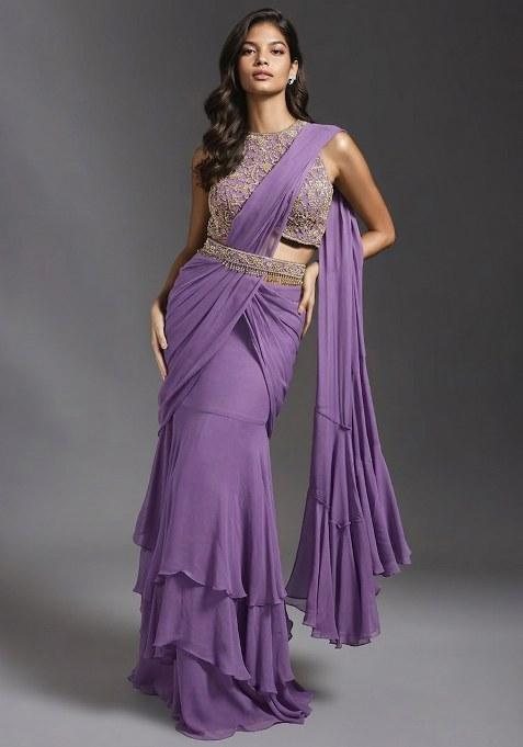 Purple Hand Work Embroidered Pre Draped Saree Set