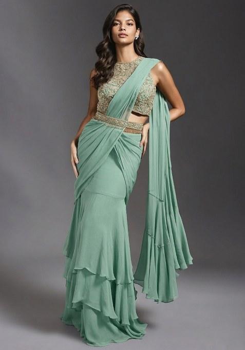 Mint Green Hand Work Embroidered Pre Draped Saree Set
