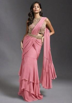 Pink Hand Work Embroidered Pre Draped Saree Set