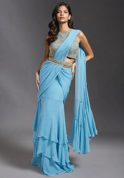 Aqua Blue Hand Work Embroidered Pre Draped Saree Set
