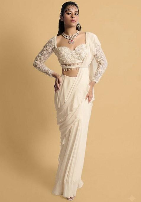 Cream Hand Work Embellished Pre Draped Saree Set