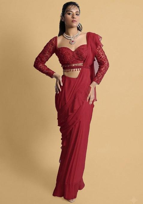 Red Hand Work Embellished Pre Draped Saree Set