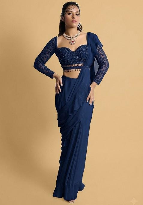 Royal Blue Hand Work Embellished Pre Draped Saree Set