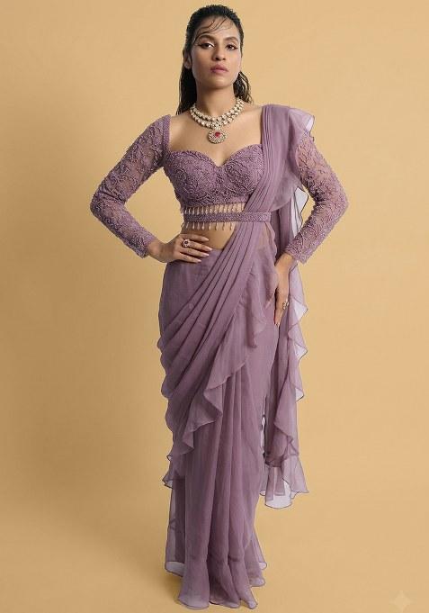 Purple Hand Work Embellished Pre Draped Saree Set