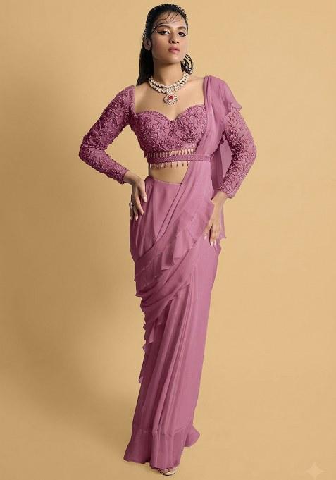 Red Purple Hand Work Embellished Pre Draped Saree Set
