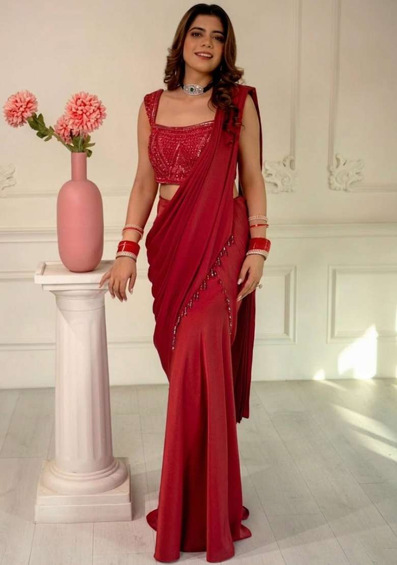 Bright Red Hand Work Sequin Pre Draped Saree Set - Indya